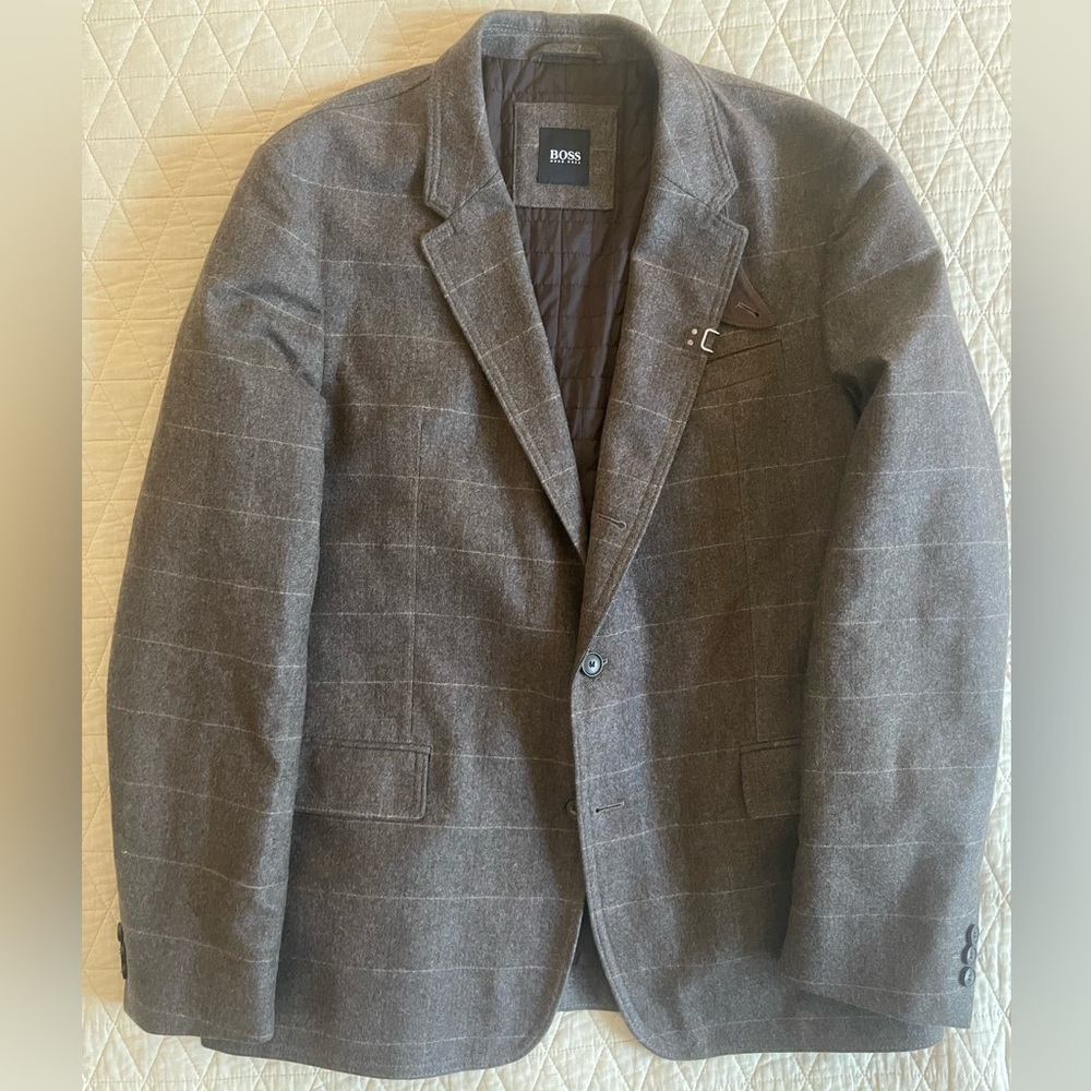 HUGO BOSS Windowpane Check Wool Flannel 'Casu-2' Fall Sports Jacket in Gray 42 R
